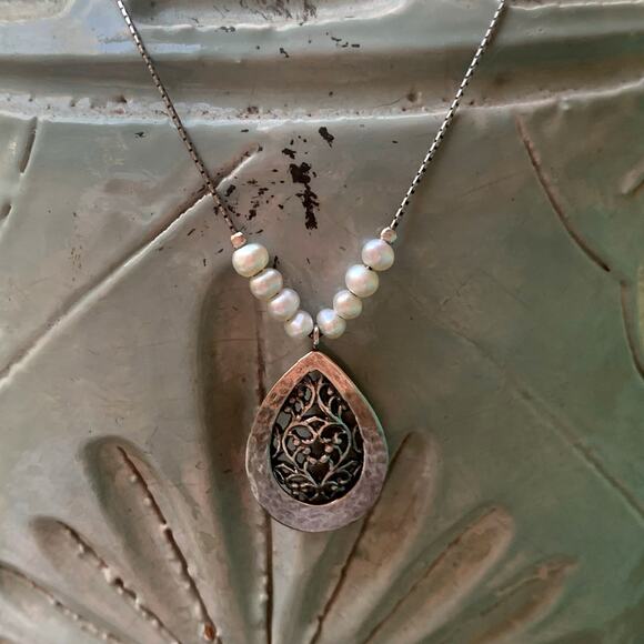 PAZ Sterling Silver & Freshwater Pearl Hammered & Scrolling Necklace in Israel - Picture 8 of 12